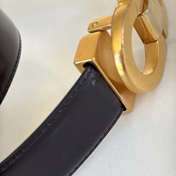 Salvatore Ferragamo Gold Dark Brown Leather Gancini Belt size 40”